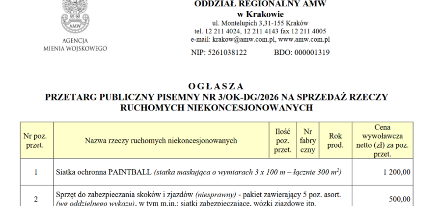 Sprzedaż mienia powojskowego - przetarg Agencji Mienia Wojskowego!!!